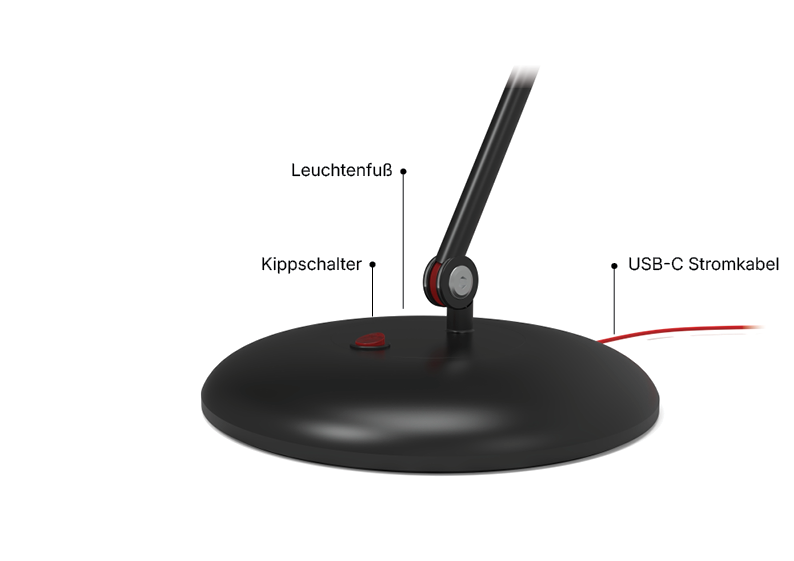 Noema Leuchtenfuß im Detail: Leuchtenfuß, Kippschalter, USB-C Stromkabel